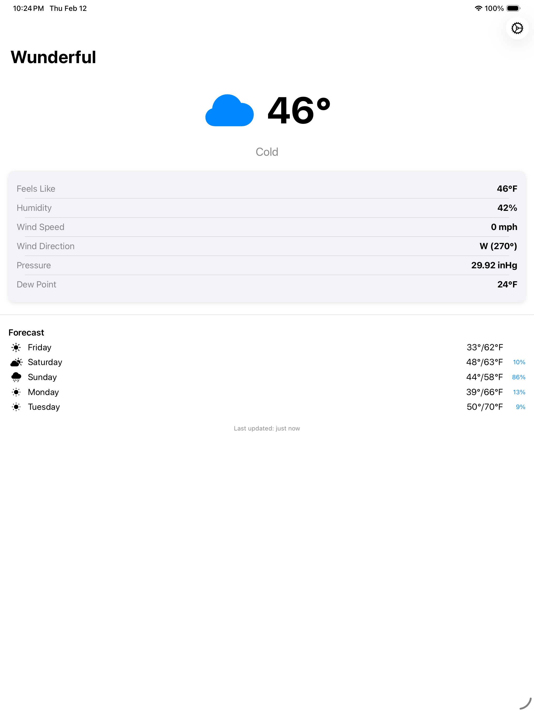 Wunderful on iPad — current conditions
