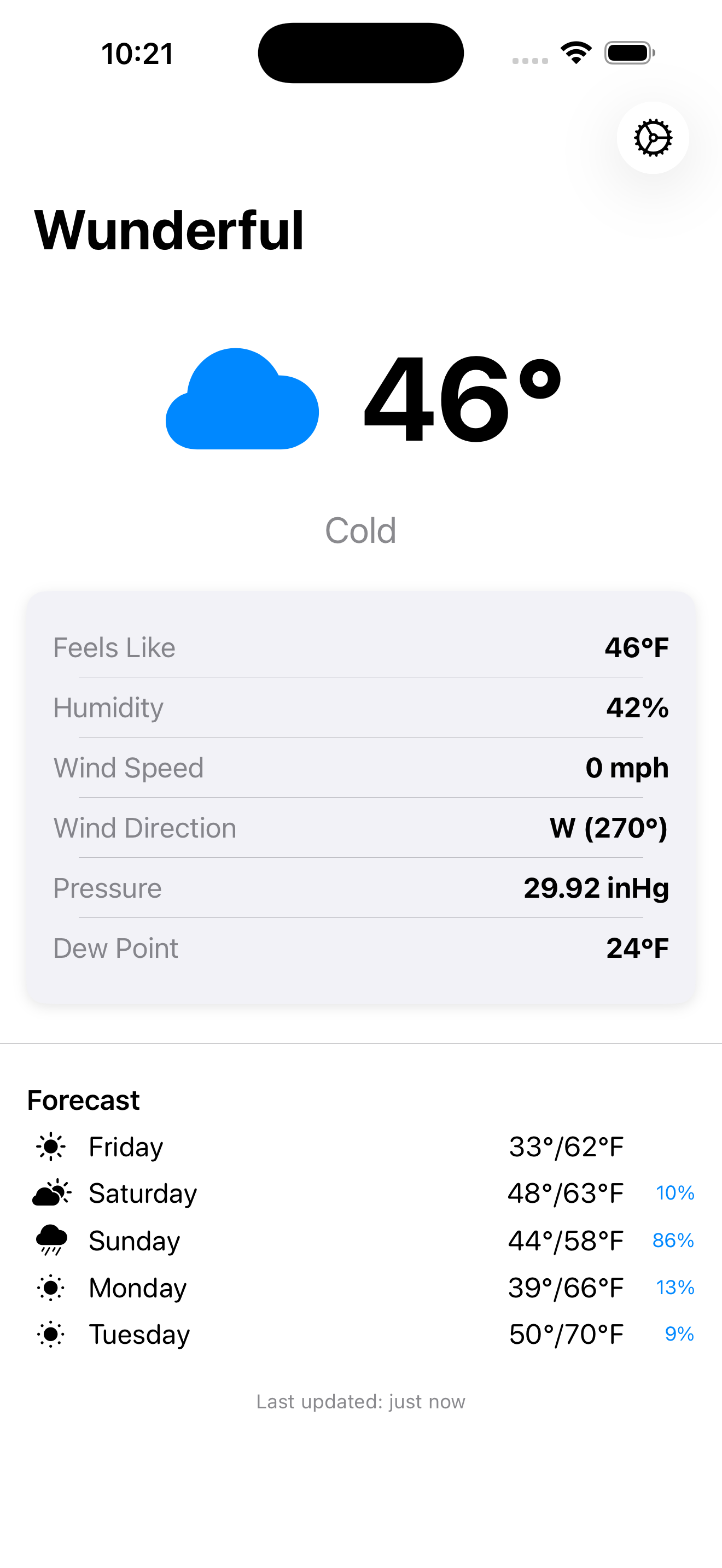 Wunderful showing current weather conditions on iPhone