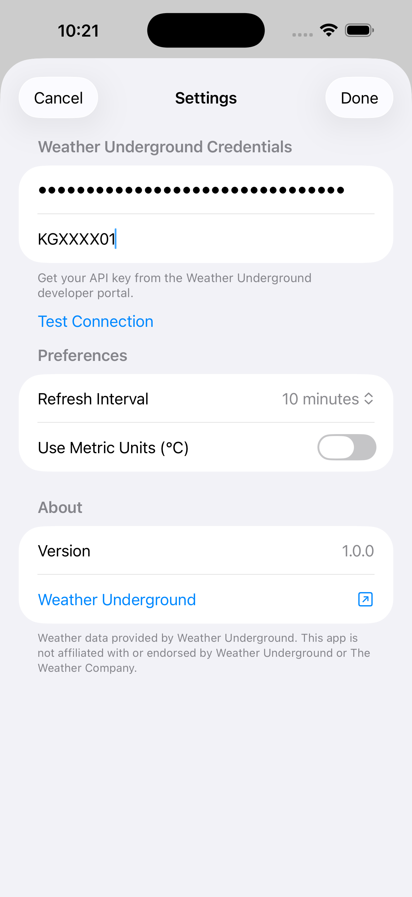 Wunderful on iPhone — settings