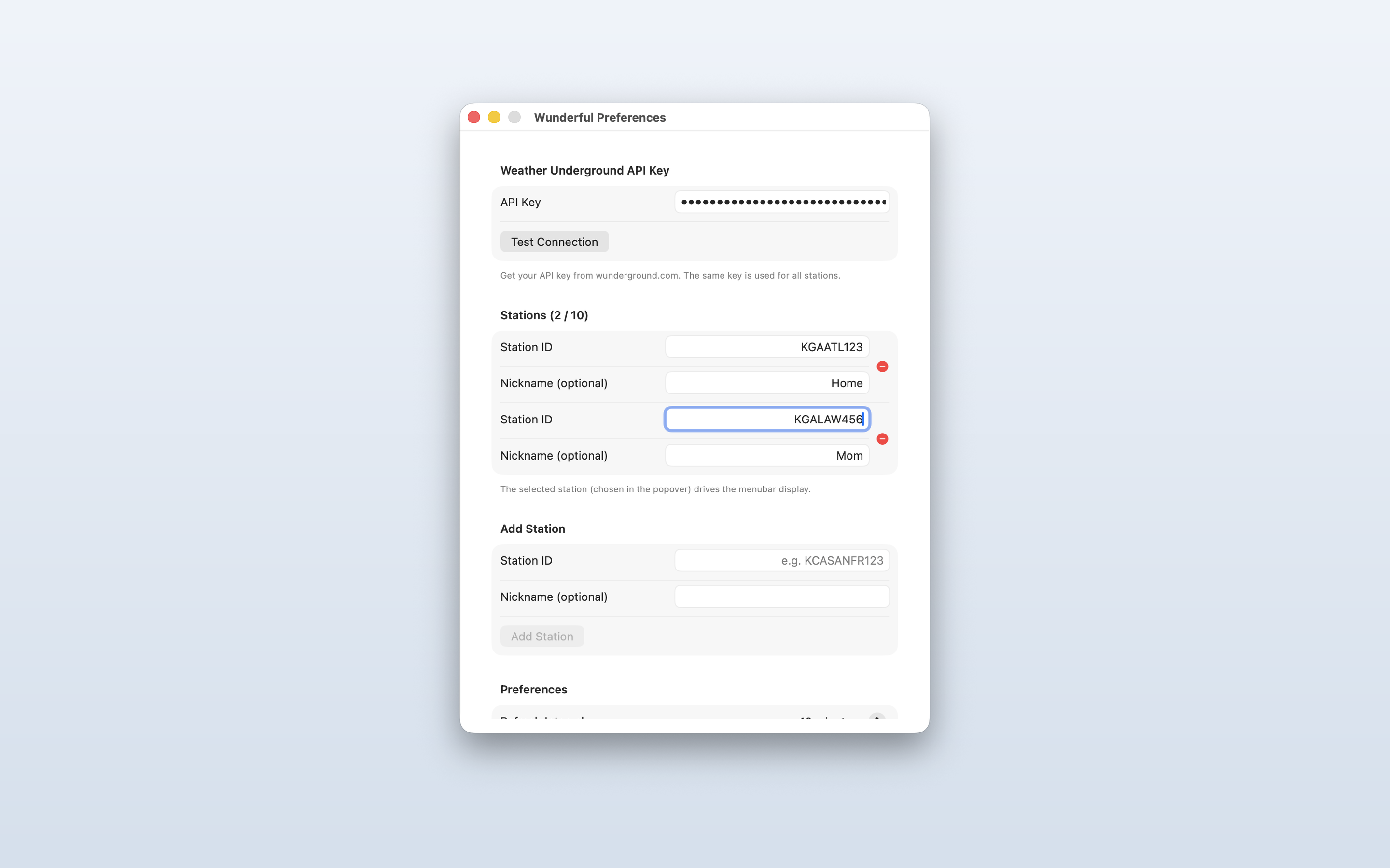 Wunderful on Mac — preferences with multi-station editor